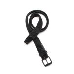 A black woven mesh belt with a square buckle and a leather tip. It features a branded logo.