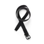 A braided leather belt in black with a square metal buckle, featuring an intricate woven design.