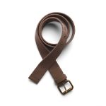 A brown cotton webbing belt with a rectangular buckle and adjustable holes, featuring a minimalist design.