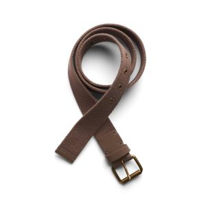 A brown cotton webbing belt with a rectangular buckle and adjustable holes, featuring a minimalist design.