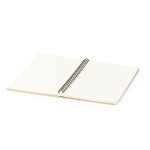 A spiral-bound notebook with blank pages, featuring a neutral colour scheme and a visible binding.