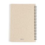 A spiral-bound notebook with a beige cover made from wheat straw, featuring a sleek design and a logo.