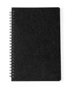A black spiral-bound notebook featuring a textured cover, designed for office and business use.