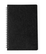 A black spiral-bound notebook with a textured cover, featuring a logo on the front.