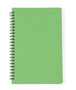 A green spiral-bound notebook with a textured cover, featuring a wire spiral binding.