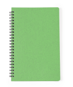 A green spiral-bound notebook featuring a plain cover, ideal for office and business use.