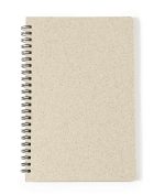 A beige spiral-bound notebook with a textured cover and black spiral binding. It has a logo on the front.