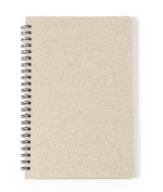 A beige spiral-bound notebook with a textured cover and a metal spiral binding.