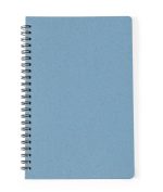 A blue spiral-bound notebook with a plain cover and visible binding. It has a textured surface and no printed designs.