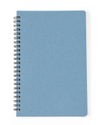 A blue spiral-bound notebook with a textured cover, featuring a plain design and a black spiral binding.