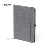 A grey notepad with a textured cover and an elastic closure, featuring a logo on the top left corner.