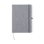 A grey notepad with a textured cover, featuring an elastic band closure and a black bookmark.