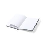 A grey notepad with a textured cover, featuring lined pages and an elastic closure.
