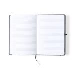 An open grey notepad featuring blank lined pages and a black ribbon marker for organisation.