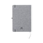 A grey notepad with a textured cover, a ribbon bookmark, and an elastic closure. It features a logo on the front.