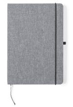 A grey notepad with a textured cover, featuring an elastic band and a bookmark. It has a logo on the front.