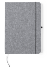 A grey notepad with a textured cover, elastic closure, and a ribbon marker. It features a logo on the cover.
