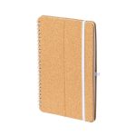 A cork notebook with a spiral binding and a white elastic strap, featuring a minimalist design.