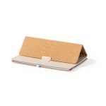 A cork-covered holder notebook in tan, featuring an open design with a light-coloured interior and a closure.