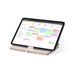A notebook with a protective cover displaying a colourful calendar layout and to-do list across various days.