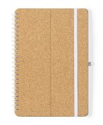 A cork-covered notebook with a spiral binding and a white elastic band. It features a plain surface and a branding logo.