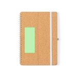 A cork-covered notebook with a green accent, featuring a spiral binding and an elastic closure.