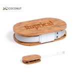 A wooden USB hub with a natural finish, featuring multiple ports and a compact design, including a matching cable.
