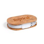 A wooden USB hub with a light-coloured USB connector, featuring a natural finish and a logo.