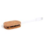 A wooden USB hub with a natural finish, featuring multiple ports and a white connecting cable.