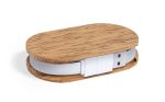 A USB hub with a wooden finish, featuring a sleek oval shape and a white USB connector.
