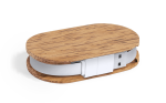 A wooden USB hub with a white cord, featuring a sleek, oval design and a simple logo.