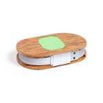 A wooden USB hub with a green accent, featuring a compact oval design and retractable white cables.