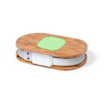 A wooden USB hub in natural tones with a white band, featuring a green accent. It has a logo on its surface.