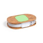 A wooden USB hub with a light green section on top and a white connector, featuring a logo.