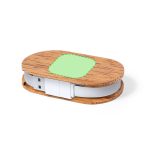 A wooden and white USB hub with a green rectangular area for branding, featuring a compact oval design.