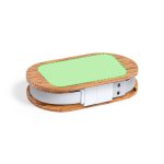 A USB hub with a wooden outer casing and a green inset, featuring a white USB connector.