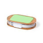 A brown and green USB hub with a wooden body and a white base, featuring a simple, elegant design and branding.