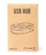 A rectangular cardboard box containing a USB hub with a wooden design and a subtle branding logo.