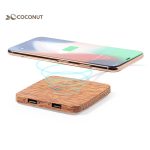 A wireless charger with a wooden base and a smartphone above it, featuring a logo in the top left corner.