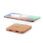 A wooden wireless charger with a smartphone hovering above it, depicted with charging graphics.