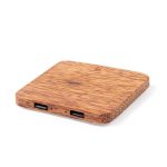 A wireless charger with a wooden finish, featuring two USB ports on the side.