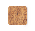 A wireless charger with a square wooden surface featuring a light brown, textured finish. It has a subtle branding logo.