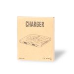 A wireless charger in a rectangular design with a wooden texture, packaged in a simple, eco-friendly box.