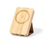 A bamboo power bank with a circular design and a built-in stand, featuring two ports for charging devices.