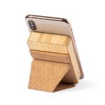 A phone stand made of bamboo and cork, holding a smartphone in an upright position. It features a logo.