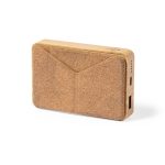 A brown, cork-textured power bank with an angled design and a small logo on one side.