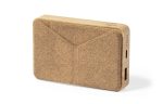 A power bank in natural brown colour with a textured surface and a logo. It features USB ports for charging devices.