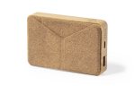 A light brown power bank with a cork finish, featuring ports and a logo on one side.