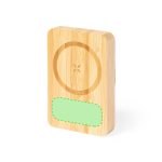 A bamboo power bank with a circular design and a blank green area for customisation. It features a logo.