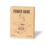 A power bank packaging in brown cardboard featuring an illustration of the device and its wireless charging capability.